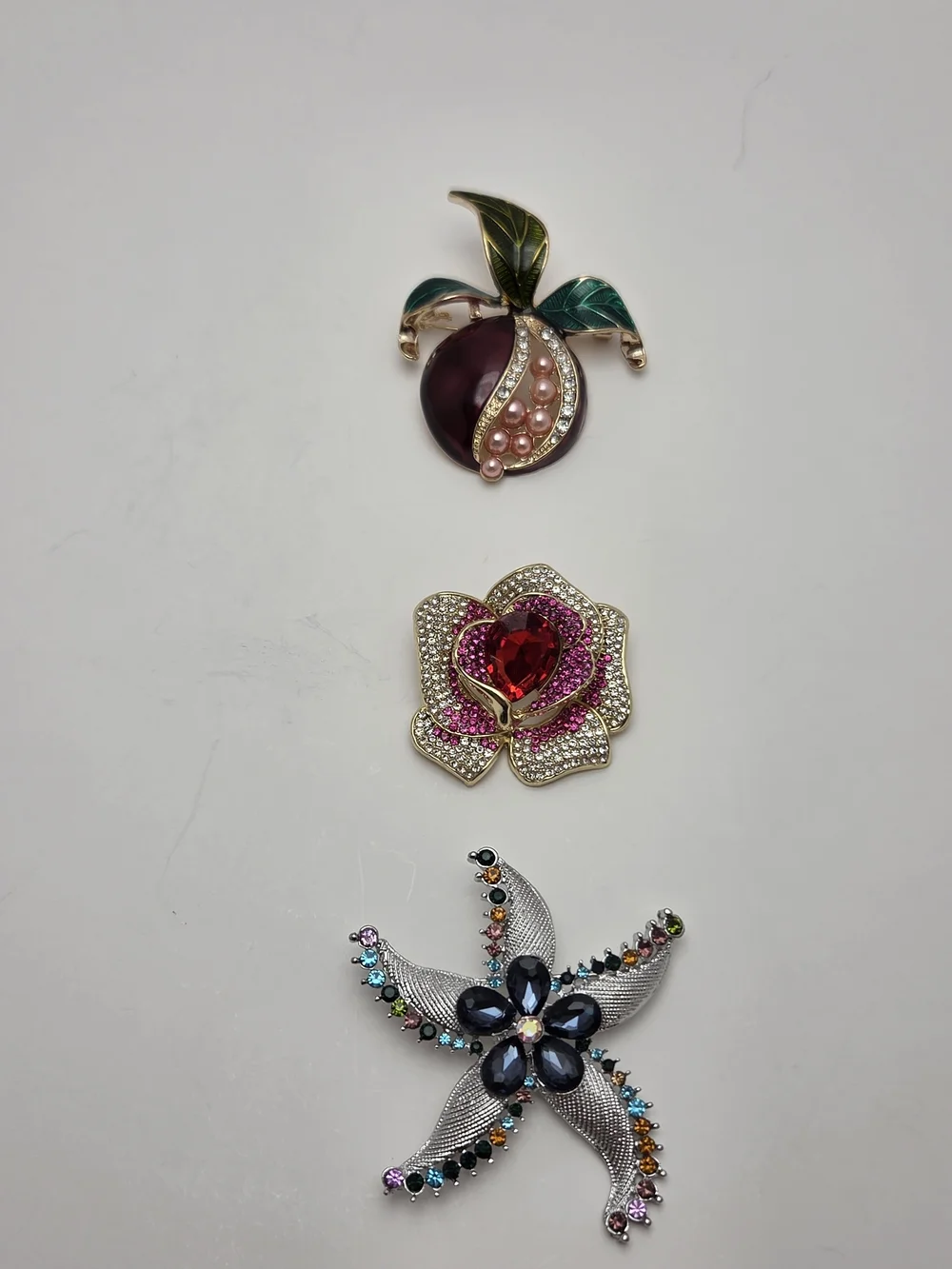 Jewel Tone Brooch & Pendant Set • Purple Fruit, Blue Starfish, Red Rose Trio